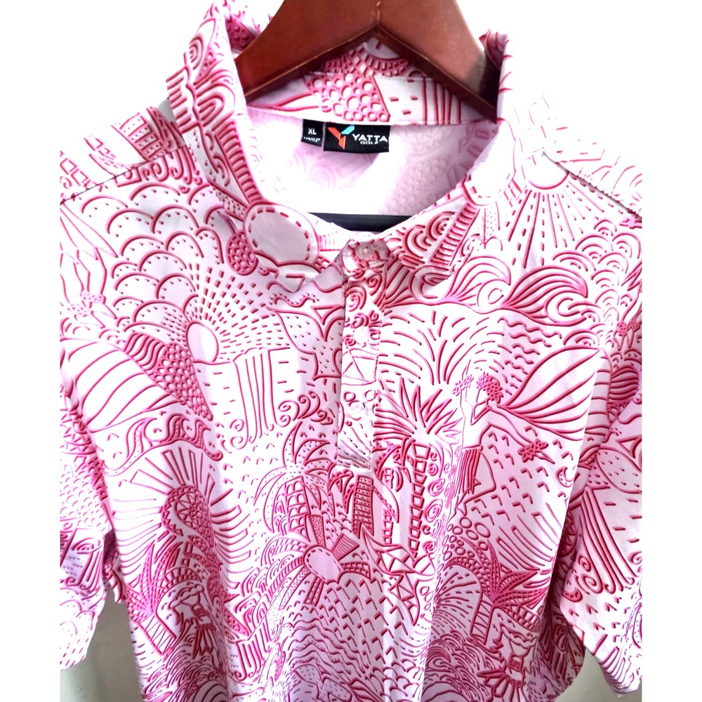 YATTA Golf Polo Shirt Shaka Life Hawaiian XL White Pink Red Print S/Sleeve
